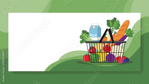 Wire shopping basket overflowing with fresh produce, milk, and bread, next to a large blank white space for text.