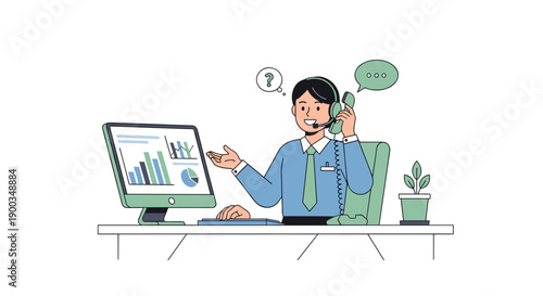 Businessman on phone discussing data on computer.