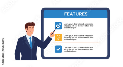 Businessman presenting features on digital screen.