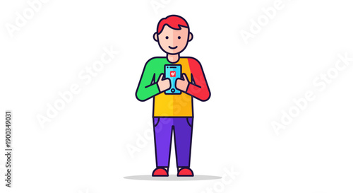 Cartoon Man Holding Mobile Phone Device.