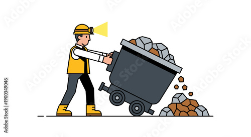 Cartoon Man Pushing Wheelbarrow Full Rocks.