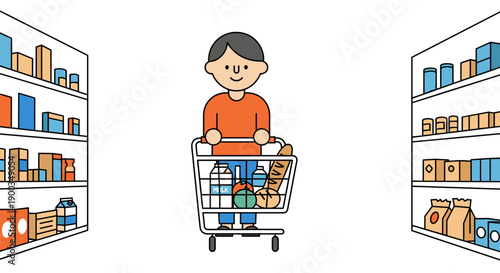 Cartoon Man Shopping with Grocery Cart.