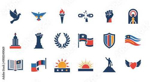 Collection of patriotic icons featuring symbols of freedom and unity in various styles and colors