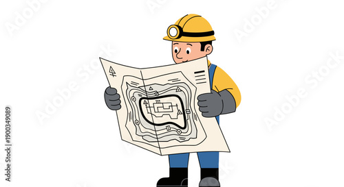 Cartoon Miner Examining Blueprint or Map.