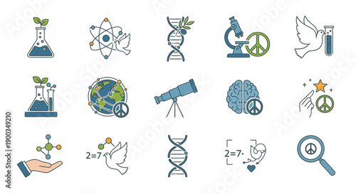 Collection of icons representing science, peace, and the environment from various viewpoints in a digital illustration