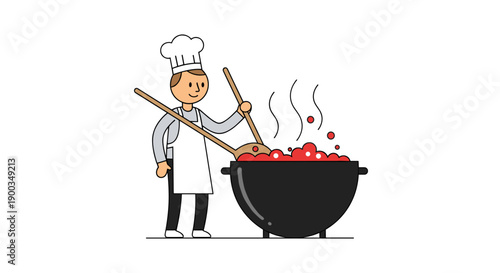 Chef Cooking Red Ingredients in Large Pot.