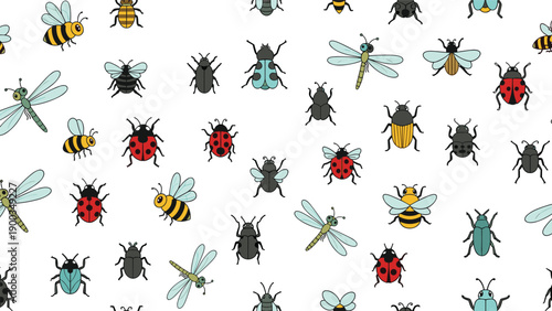 Seamless pattern of various colorful insects including bees ladybugs dragonflies and beetles on a white background for fabric and wallpaper.