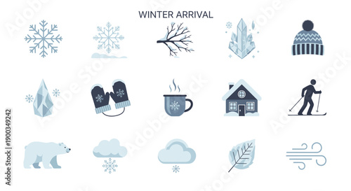 Winter icons collection featuring snowflakes, hot beverages, and outdoor activities in a serene landscape