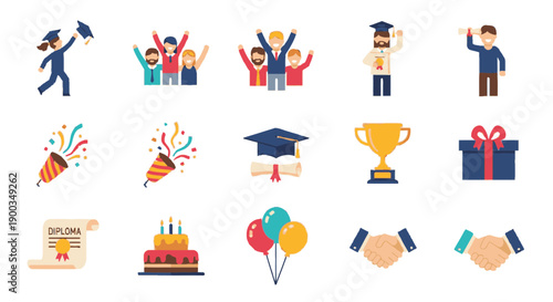 Celebratory icons depicting various achievements and milestones in a modern, minimalist style from an overhead viewpoint