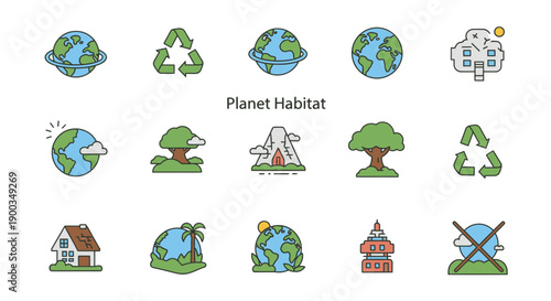 Eco-friendly icons representing planet habitat and sustainability in a simple illustration style showcasing recycling and nature