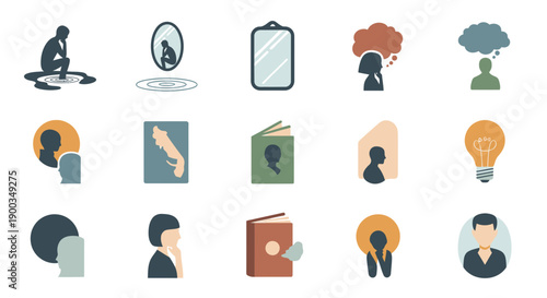 Collection of diverse icons representing various concepts and ideas in a grid layout, showcasing a range of subjects and themes, illustrated in a simple style