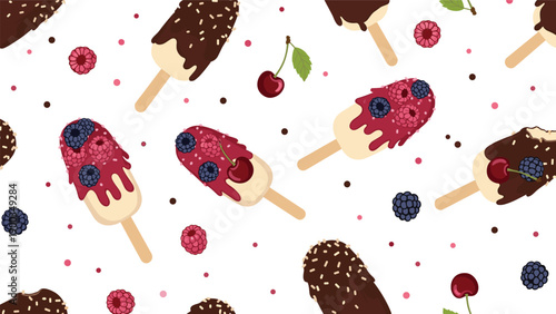 Seamless pattern of delicious ice cream bars on sticks with chocolate glaze berry syrup and fresh raspberries and blueberries on white background.