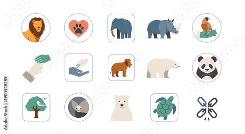 Wildlife Icons Collection Featuring Endangered Animals and Conservation Symbols in a Simple Flat Design Style