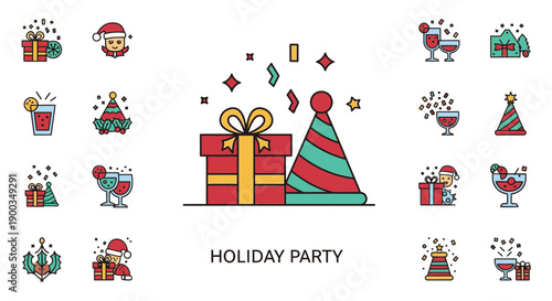 Holiday party celebration icons set with gift, party hat, and festive decorations in a lively illustration style