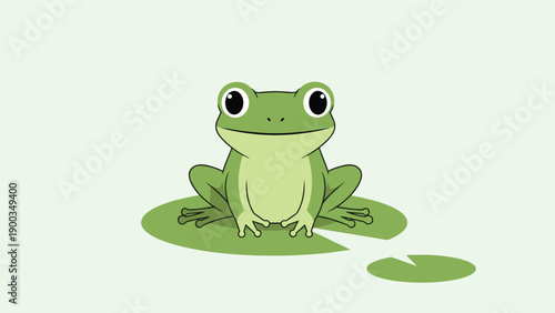 Cute green frog with large black eyes sitting calmly on a green lily pad in a pond environment on a light green background.