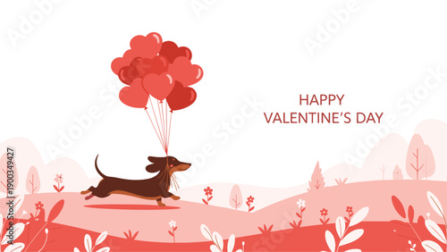 Happy valentine's day greeting card showing a small dachshund dog running across a pink hilly landscape with a bunch of heart balloons.