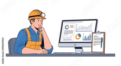 Construction Worker Analyzing Data on Computer.