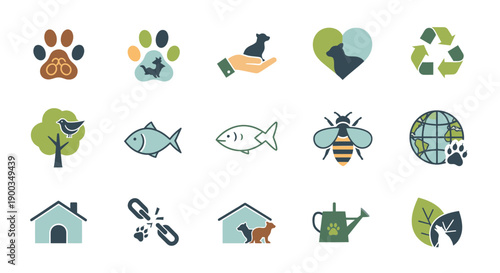 Collection of eco-friendly icons representing animals, nature, and sustainability in a minimalist style