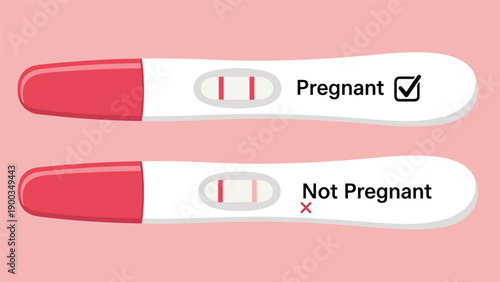 Two home pregnancy test sticks showing positive and negative results with checkboxes and icons on a solid pink background for healthcare.