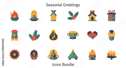 Collection of seasonal greeting icons featuring festive elements like candles, holly, and gift boxes in a simple design style