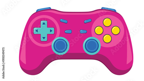 Vibrant and colorful cartoon video game controller in pink blue and yellow hues isolated on a clean white background for kids gaming.