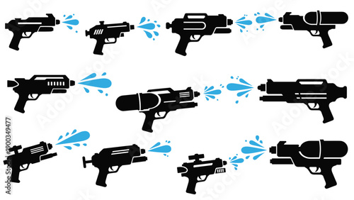 Collection of different water gun silhouettes in black discharging blue water streams and splashes isolated on a white background for summer fun.