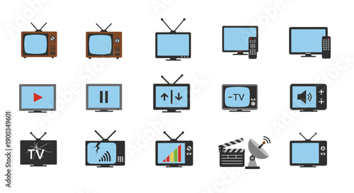 Collection of various television sets and media controls displayed in a grid layout