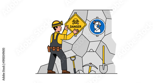 Construction Worker Holding Danger Warning Sign.