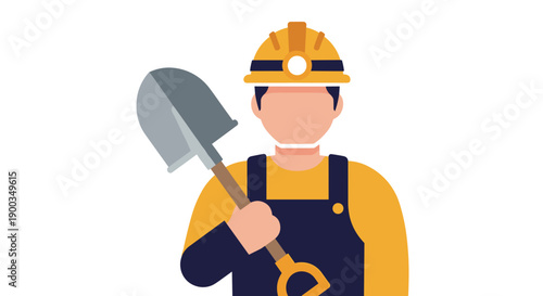 Construction Worker Holding Shovel Cartoon Character.