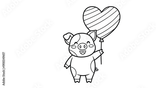 Black and white line art illustration of a cheerful little piglet holding a heart shaped balloon for a children's coloring book project.