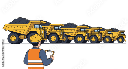 Construction Worker Inspecting Heavy Dump Trucks.
