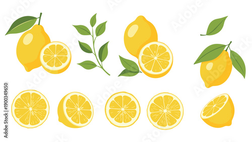 Set of vibrant yellow lemons with green leaves showing whole fruits half slices and quarters in a flat cartoon style on white background.