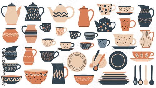 Detailed collection of hand drawn ceramic tableware items featuring teapots, cups, plates, and bowls with abstract patterns.