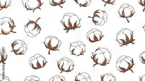 Seamless pattern of soft white cotton bolls with brown husks and stems scattered across a clean white background for textile design.