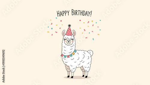 Festive happy birthday greeting card featuring a cute cartoon llama wearing a party hat and a colorful garland with confetti.