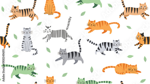 Adorable seamless pattern of cute cartoon cats in different colors and playful poses with green leaves on white background.