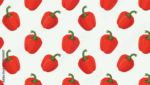 Minimalist seamless pattern of ripe red bell peppers with green stems arranged on a light gray background in flat style.