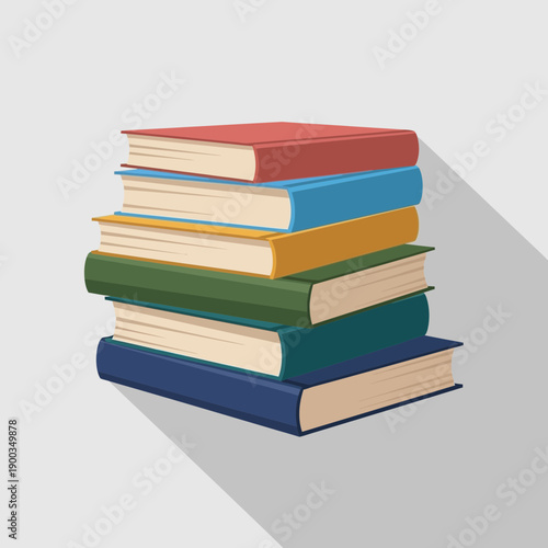 Stacked hardcover books with colorful covers, long shadow, flat design