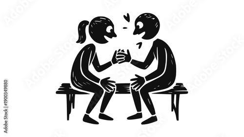 Two stick figures sitting on a bench, simple and relatable illustration representing friendship or relaxation.