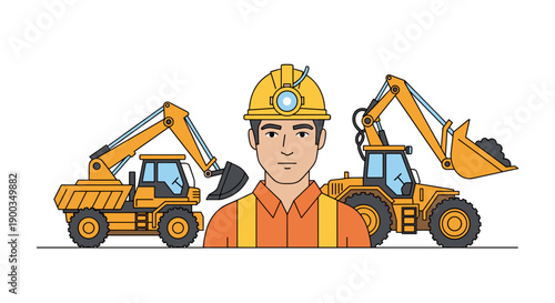 Construction Worker with Excavators and Backhoe.