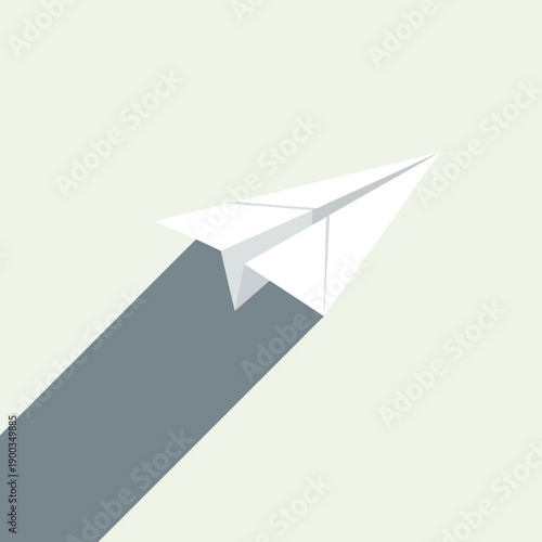 White paper airplane flying casting long shadow, flat design