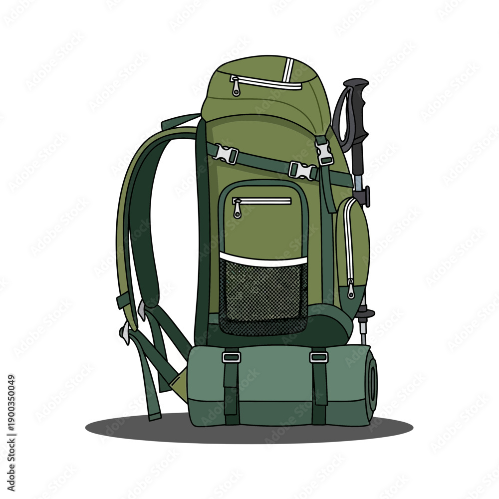 Naklejka premium Green hiking backpack with trekking poles and sleeping bag