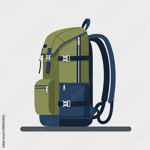 Green and blue hiking backpack on a shelf, flat design.