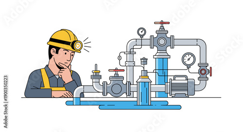 Engineer Inspecting Industrial Pipe System Diagram.