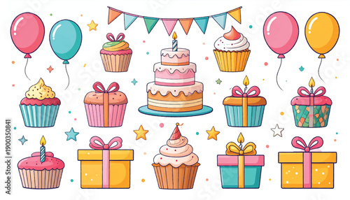 Birthday cake centerpiece illustration for joyful events. Festive party scene vector for cheerful celebration design. Colorful birthday artwork for kids event branding