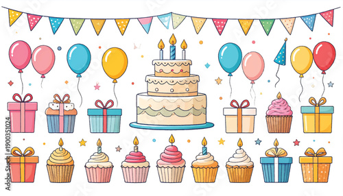Birthday celebration banner illustration for festive layouts. Party dessert scene vector for joyful announcement design. Cute cake composition artwork for event promotions