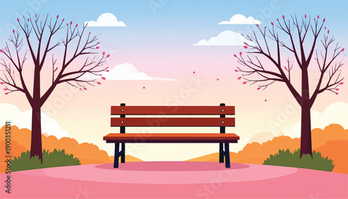 Spring bench illustration symbolizing renewal and hope. Blooming park scene for fresh lifestyle visuals. Bright seasonal vector ideal for wellness campaigns
