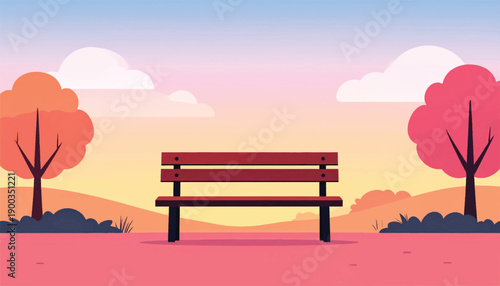 Autumn bench illustration for cozy seasonal promotions. Warm fall landscape vector expressing comfort mood. Colorful outdoor scene perfect for lifestyle branding