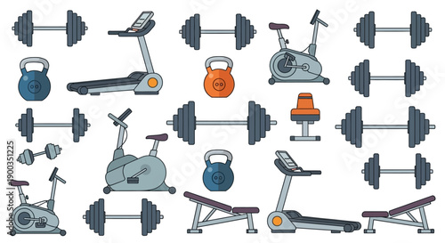 Flat Design Illustrations of Fitness and Gym Equipment Collection
