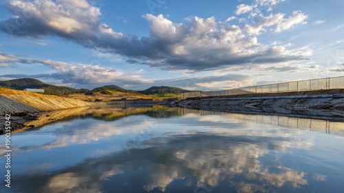Gold mining tailings pond, reflecting blue sky and clouds, showing environmental impact and industrial waste